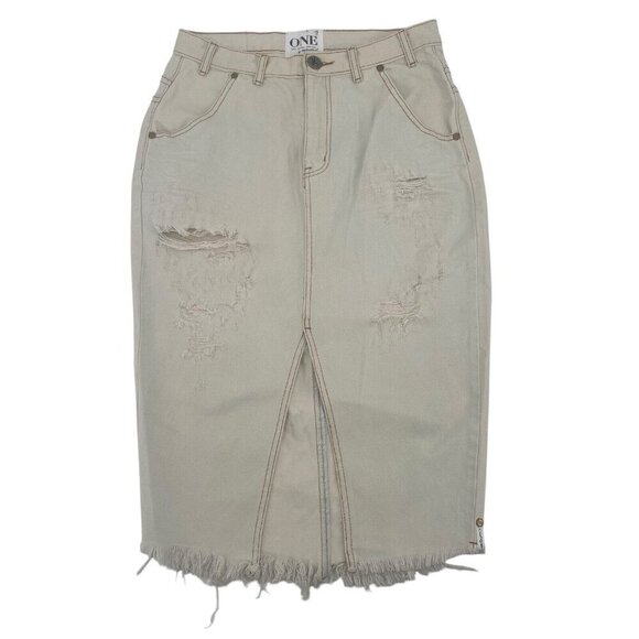 One Teaspoon Off White Denim Distressed Midi Skirt Size 8 NWT Distressed - Picture 1 of 14